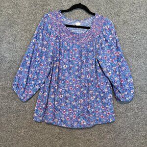 J.Jill Shirt Womens Medium Blue Ditsy Floral Blouse Bohemian Balloon Sleeve